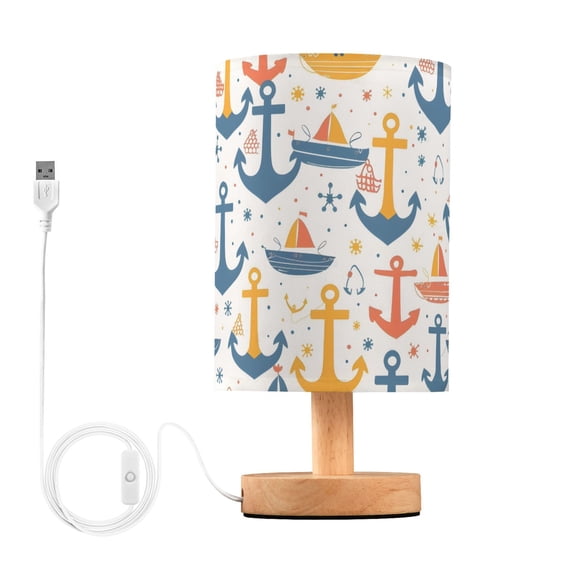 Bedside Desk Lamp LED Bulb Night Light USB Power Fabric Lampshade Table Lamps Anchors Boats Dots