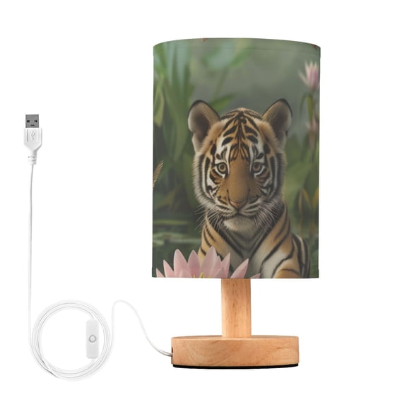 Bedside Desk Lamp LED Bulb Night Light USB Power Fabric Lampshade Table Lamps Baby Tiger Sits on Leaf