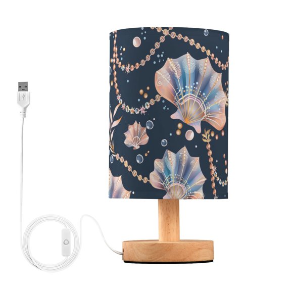 Bedside Desk Lamp LED Bulb Night Light USB Power Fabric Lampshade Table Lamps Beautiful Shell Necklaces