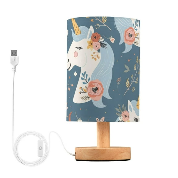 Bedside Desk Lamp LED Bulb Night Light USB Power Fabric Lampshade Table Lamps Beautiful Unicorn Head and Flower