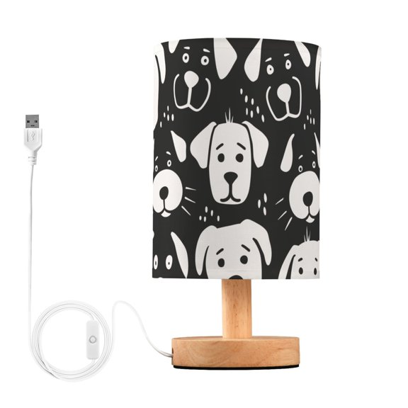 Bedside Desk Lamp LED Bulb Night Light USB Power Fabric Lampshade Table Lamps Black White Dog Face