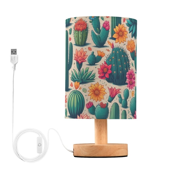 Bedside Desk Lamp LED Bulb Night Light USB Power Fabric Lampshade Table Lamps Cactus and Desert Flower