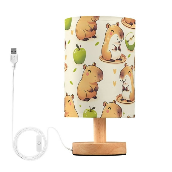 Bedside Desk Lamp LED Bulb Night Light USB Power Fabric Lampshade Table Lamps Capybara with Apple