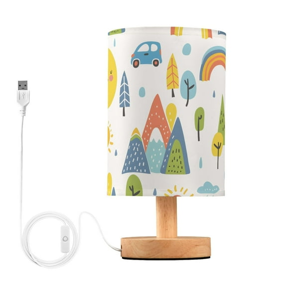 Bedside Desk Lamp LED Bulb Night Light USB Power Fabric Lampshade Table Lamps Car Mountain Sun Tree Rainbow