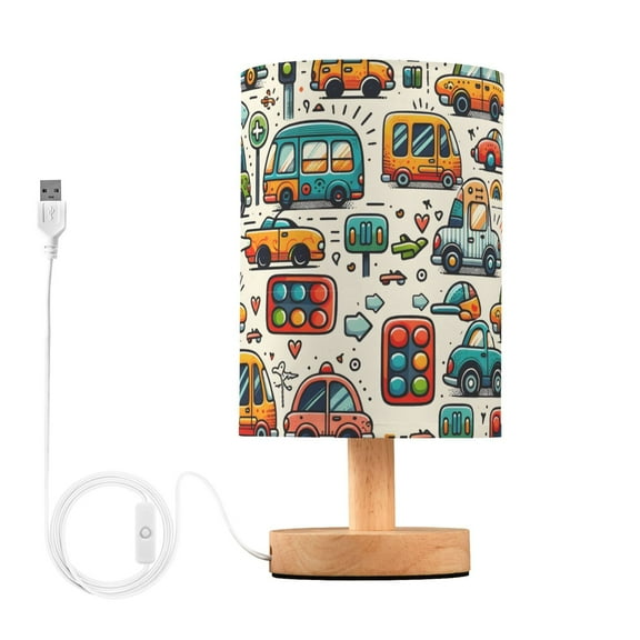 Bedside Desk Lamp LED Bulb Night Light USB Power Fabric Lampshade Table Lamps Cartoon Cars Indicator Roadsign