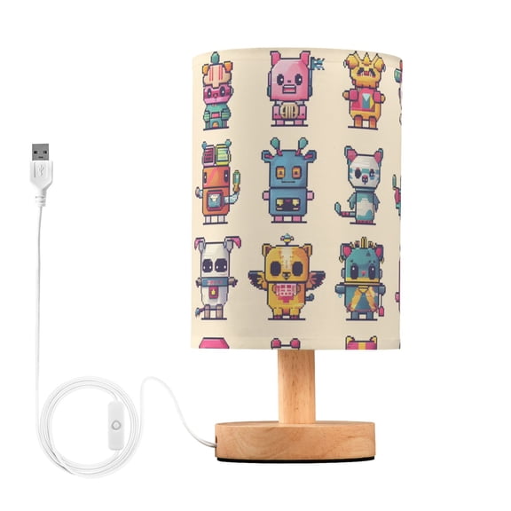 Bedside Desk Lamp LED Bulb Night Light USB Power Fabric Lampshade Table Lamps Characters Pixel Style