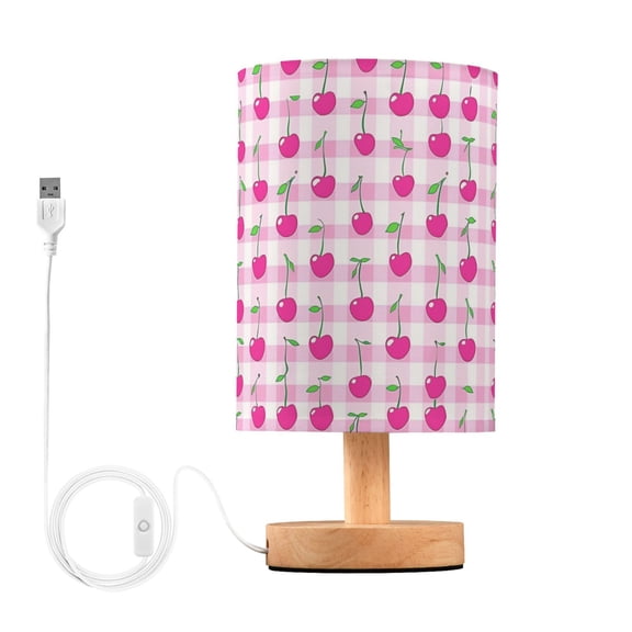 Bedside Desk Lamp LED Bulb Night Light USB Power Fabric Lampshade Table Lamps Cherry on Gingham