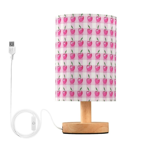 Bedside Desk Lamp LED Bulb Night Light USB Power Fabric Lampshade Table Lamps Cherry with Gingham