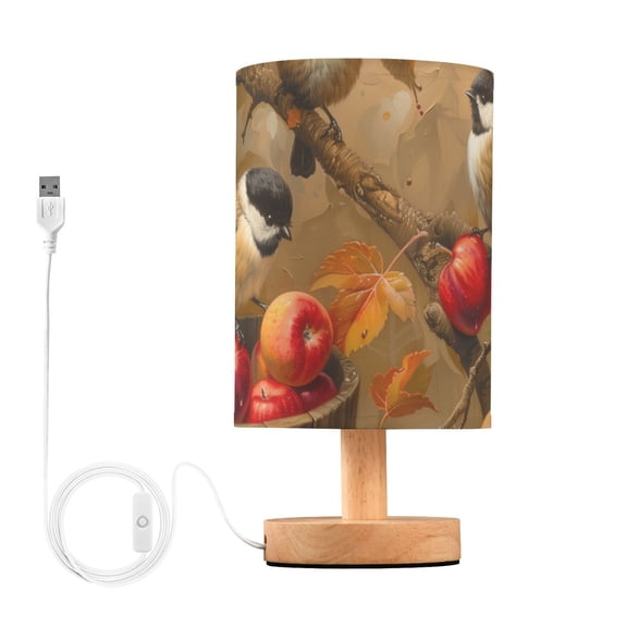 Bedside Desk Lamp LED Bulb Night Light USB Power Fabric Lampshade Table Lamps Chickadees Birds on Apple Tree