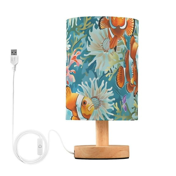 Bedside Desk Lamp LED Bulb Night Light USB Power Fabric Lampshade Table Lamps Clownfish and Coral