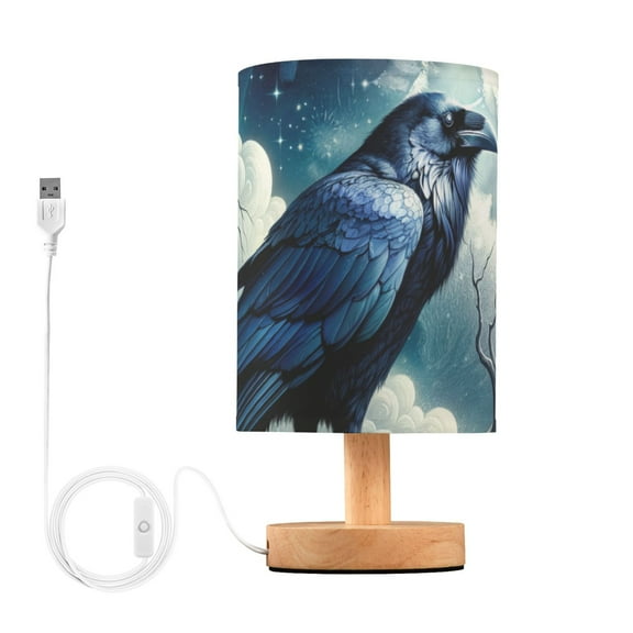 Bedside Desk Lamp LED Bulb Night Light USB Power Fabric Lampshade Table Lamps Crow on Branch with Moon