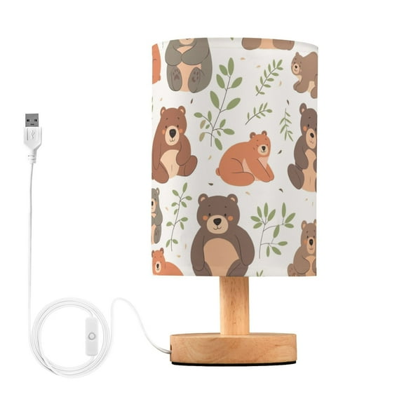 Bedside Desk Lamp LED Bulb Night Light USB Power Fabric Lampshade Table Lamps Cute Bears with Leaf