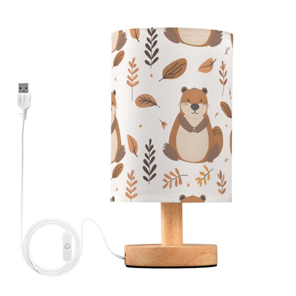 Bedside Desk Lamp LED Bulb Night Light USB Power Fabric Lampshade Table Lamps Cute Beaver and Leaf
