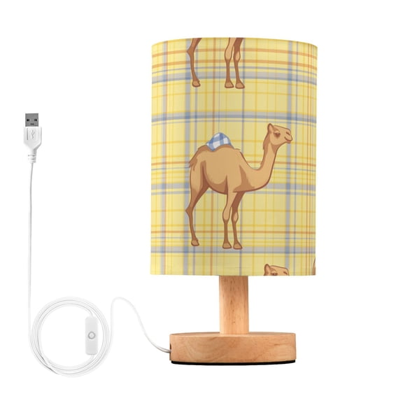 Bedside Desk Lamp LED Bulb Night Light USB Power Fabric Lampshade Table Lamps Cute Camel on Plaid