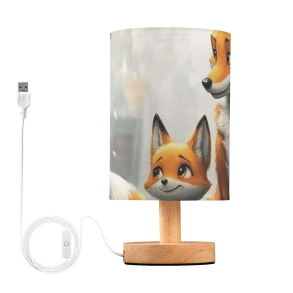 Bedside Desk Lamp LED Bulb Night Light USB Power Fabric Lampshade Table Lamps Cute Fox and Snow