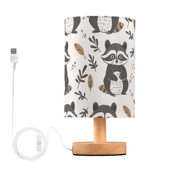 Bedside Desk Lamp LED Bulb Night Light USB Power Fabric Lampshade Table Lamps Cute Raccoon and Leaf