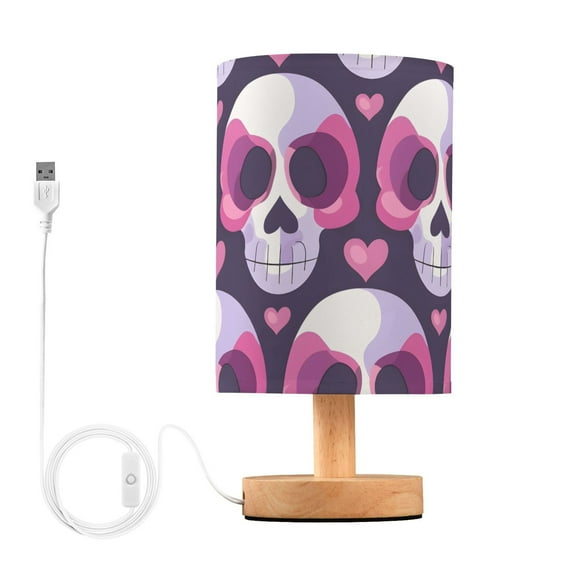 Bedside Desk Lamp LED Bulb Night Light USB Power Fabric Lampshade Table Lamps Cute Skull Head and Heart
