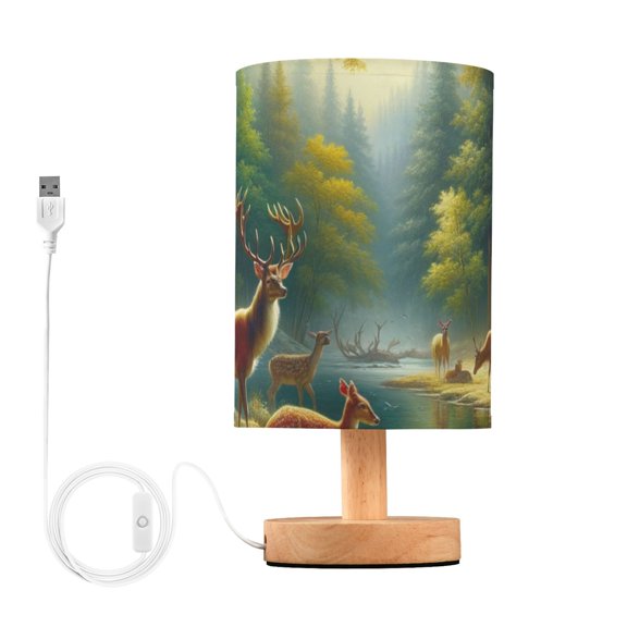 Bedside Desk Lamp LED Bulb Night Light USB Power Fabric Lampshade Table Lamps Deer in Forest by Water