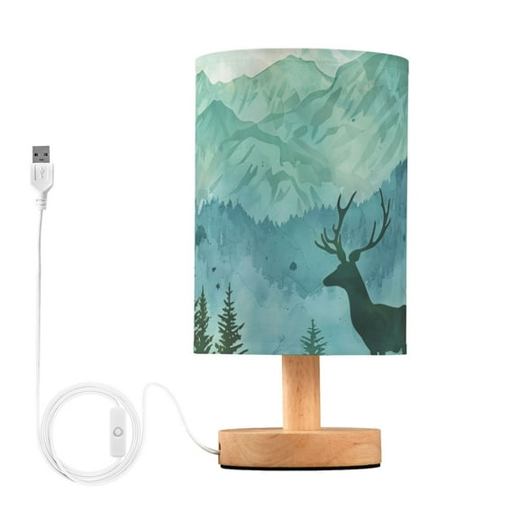 Bedside Desk Lamp LED Bulb Night Light USB Power Fabric Lampshade Table Lamps Deer in Forests
