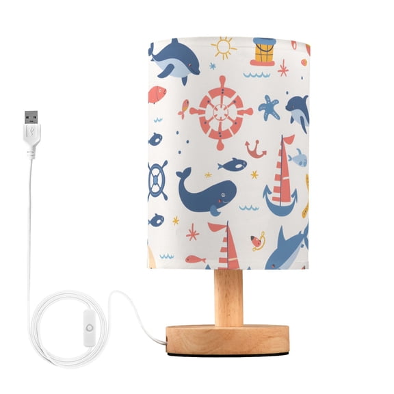 Bedside Desk Lamp LED Bulb Night Light USB Power Fabric Lampshade Table Lamps Dolphin Sailboat Starfish Fish