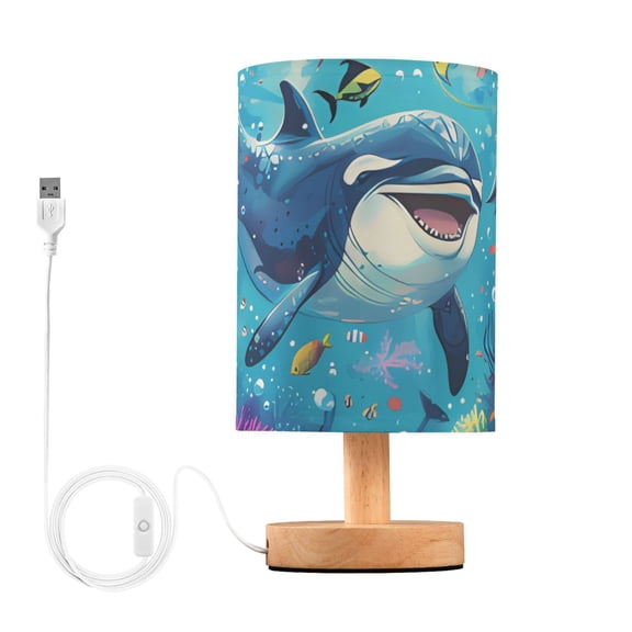 Bedside Desk Lamp LED Bulb Night Light USB Power Fabric Lampshade Table Lamps Dolphin and Fish