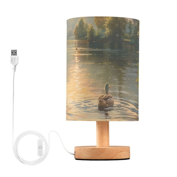 Bedside Desk Lamp LED Bulb Night Light USB Power Fabric Lampshade Table Lamps Ducks Swimming in Lake at Sunrise