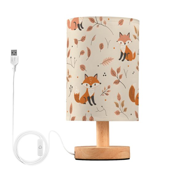 Bedside Desk Lamp LED Bulb Night Light USB Power Fabric Lampshade Table Lamps Fox and Leaves