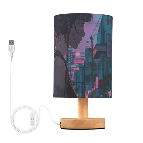 Bedside Desk Lamp LED Bulb Night Light USB Power Fabric Lampshade Table Lamps Girl Standing on Japanese Street