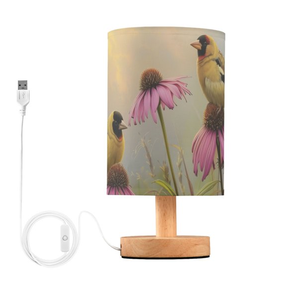 Bedside Desk Lamp LED Bulb Night Light USB Power Fabric Lampshade Table Lamps Goldfinches Bird Perched on Flowers
