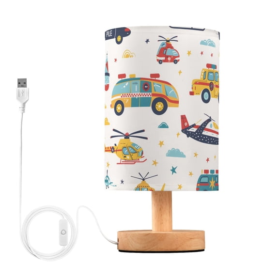 Bedside Desk Lamp LED Bulb Night Light USB Power Fabric Lampshade Table Lamps Hand Drawn Car Helicopter