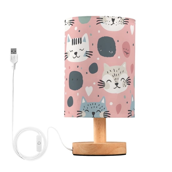 Bedside Desk Lamp LED Bulb Night Light USB Power Fabric Lampshade Table Lamps Hand Drawn Cute Cat