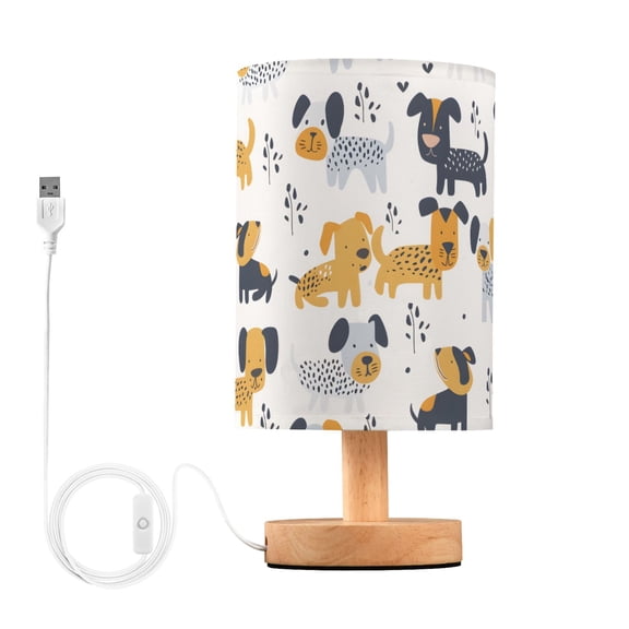 Bedside Desk Lamp LED Bulb Night Light USB Power Fabric Lampshade Table Lamps Hand Paint Dog and Plant