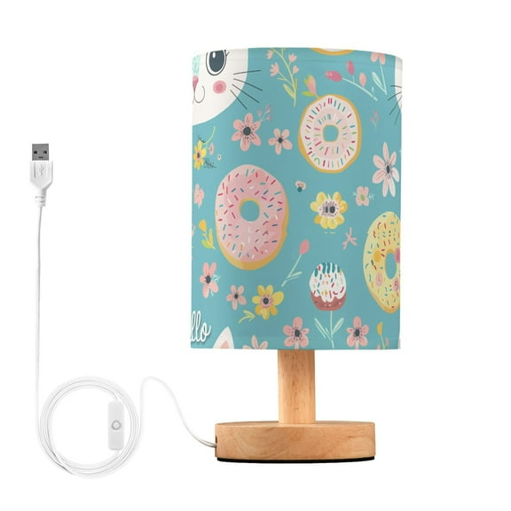 Bedside Desk Lamp LED Bulb Night Light USB Power Fabric Lampshade Table Lamps Hello Cat Face