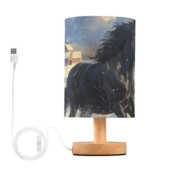 Bedside Desk Lamp LED Bulb Night Light USB Power Fabric Lampshade Table Lamps Horse Galloping in Snow