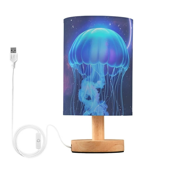 Bedside Desk Lamp LED Bulb Night Light USB Power Fabric Lampshade Table Lamps Jellyfish Flying in Night Sky