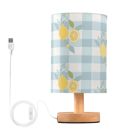 Bedside Desk Lamp LED Bulb Night Light USB Power Fabric Lampshade Table Lamps Lemons on Plaid