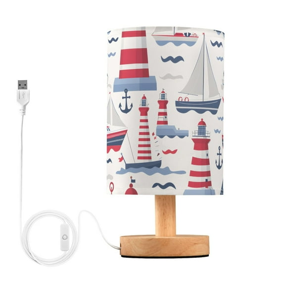 Bedside Desk Lamp LED Bulb Night Light USB Power Fabric Lampshade Table Lamps Lighthouse Wave Ship