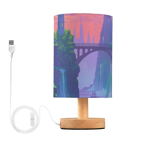 Bedside Desk Lamp LED Bulb Night Light USB Power Fabric Lampshade Table Lamps Lighthouse and Bridge on Sunset