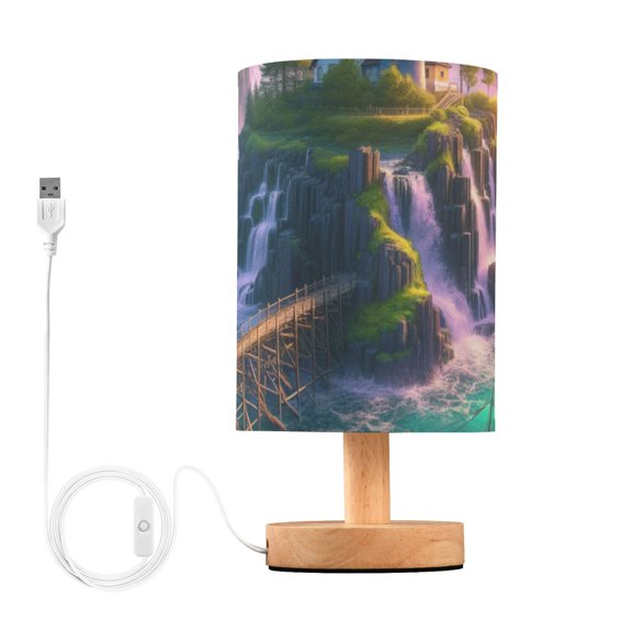 Bedside Desk Lamp LED Bulb Night Light USB Power Fabric Lampshade Table Lamps Lighthouse on Island and Bridge