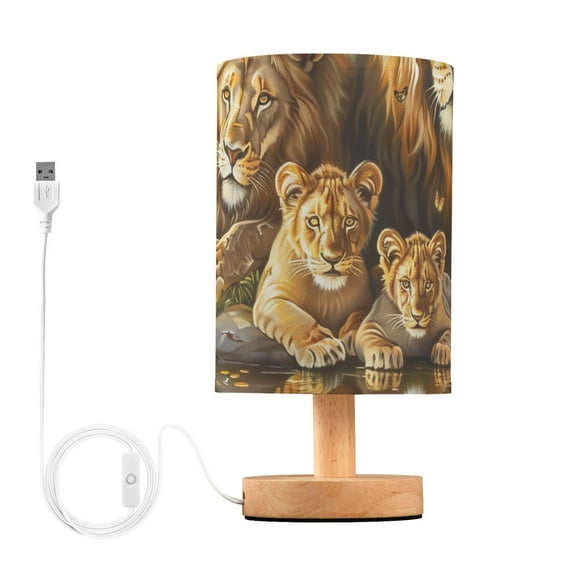 Bedside Desk Lamp LED Bulb Night Light USB Power Fabric Lampshade Table Lamps Lion Family Sitting by Water