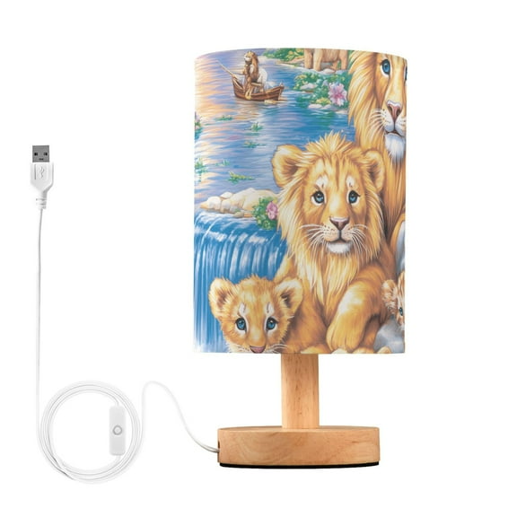 Bedside Desk Lamp LED Bulb Night Light USB Power Fabric Lampshade Table Lamps Lion Home
