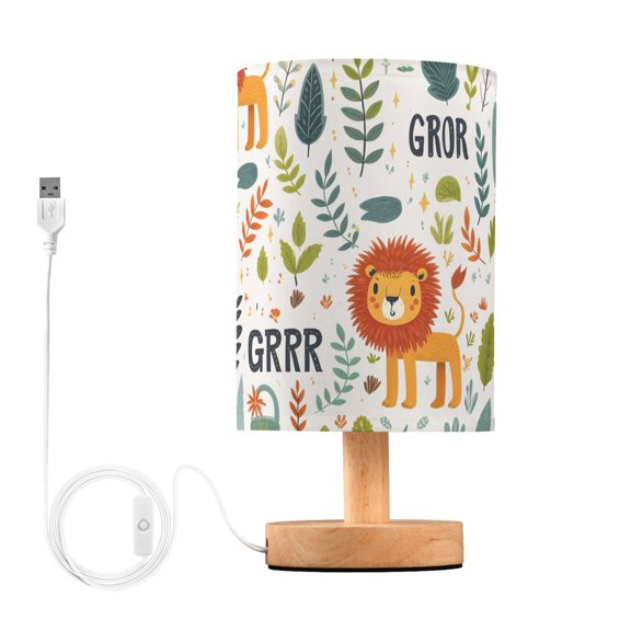 Bedside Desk Lamp LED Bulb Night Light USB Power Fabric Lampshade Table Lamps Lion Leaves Branches