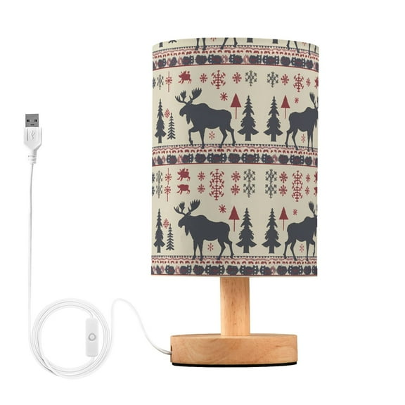 Bedside Desk Lamp LED Bulb Night Light USB Power Fabric Lampshade Table Lamps Moose Tree Silhouette