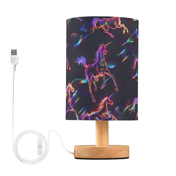 Bedside Desk Lamp LED Bulb Night Light USB Power Fabric Lampshade Table Lamps Neon Running Horses