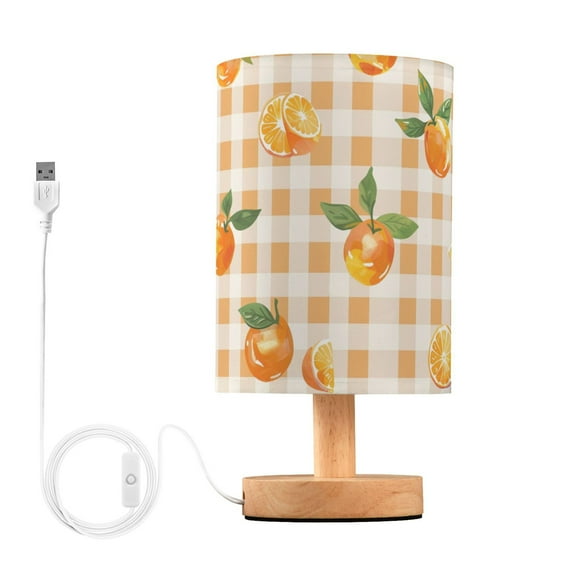Bedside Desk Lamp LED Bulb Night Light USB Power Fabric Lampshade Table Lamps Orange on Gingham