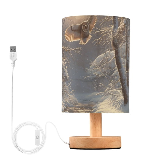 Bedside Desk Lamp LED Bulb Night Light USB Power Fabric Lampshade Table Lamps Owl Fly in Winter Forest