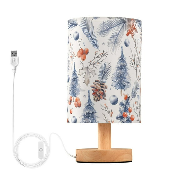 Bedside Desk Lamp LED Bulb Night Light USB Power Fabric Lampshade Table Lamps Pine Cones Trees Leaves.