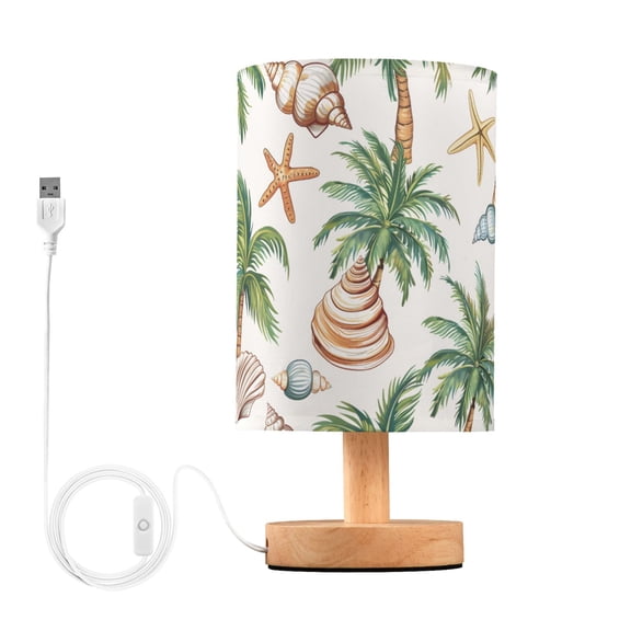 Bedside Desk Lamp LED Bulb Night Light USB Power Fabric Lampshade Table Lamps Shells Palm Trees Starfish