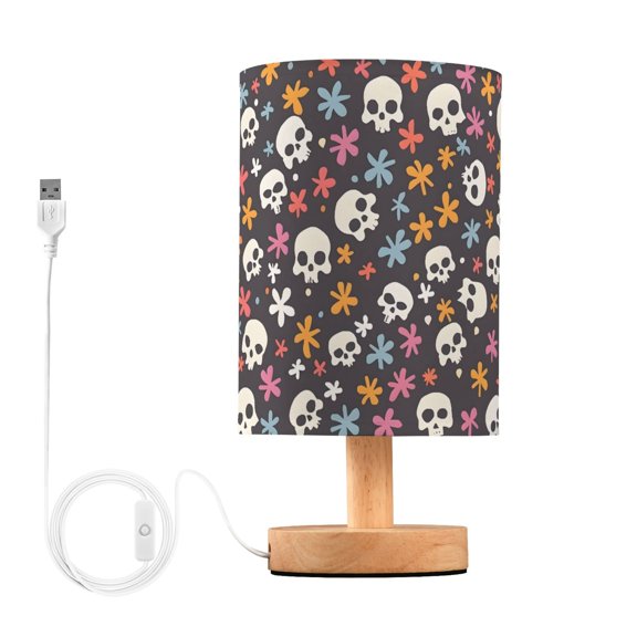 Bedside Desk Lamp LED Bulb Night Light USB Power Fabric Lampshade Table Lamps Skulls and Flower