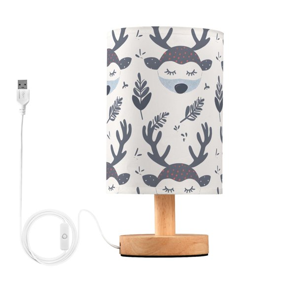Bedside Desk Lamp LED Bulb Night Light USB Power Fabric Lampshade Table Lamps Sleep Deer and Leaf